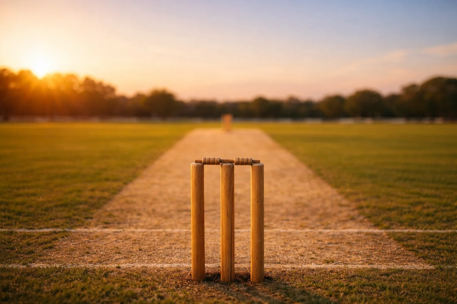 Campo da cricket verde illuminato dalla luce del tramonto