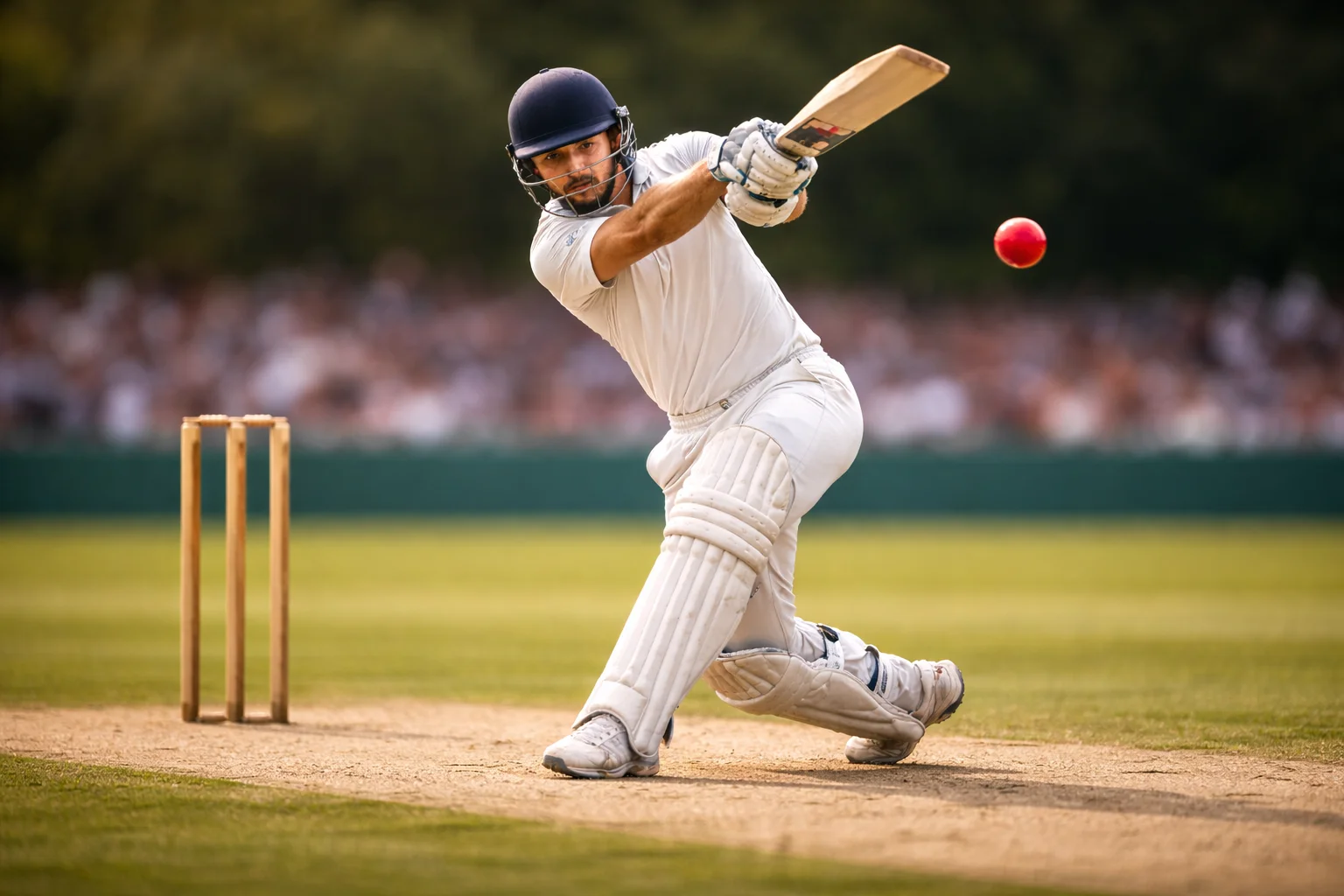 Battitore di cricket in azione durante un match su campo in erba con pali del wicket sullo sfondo