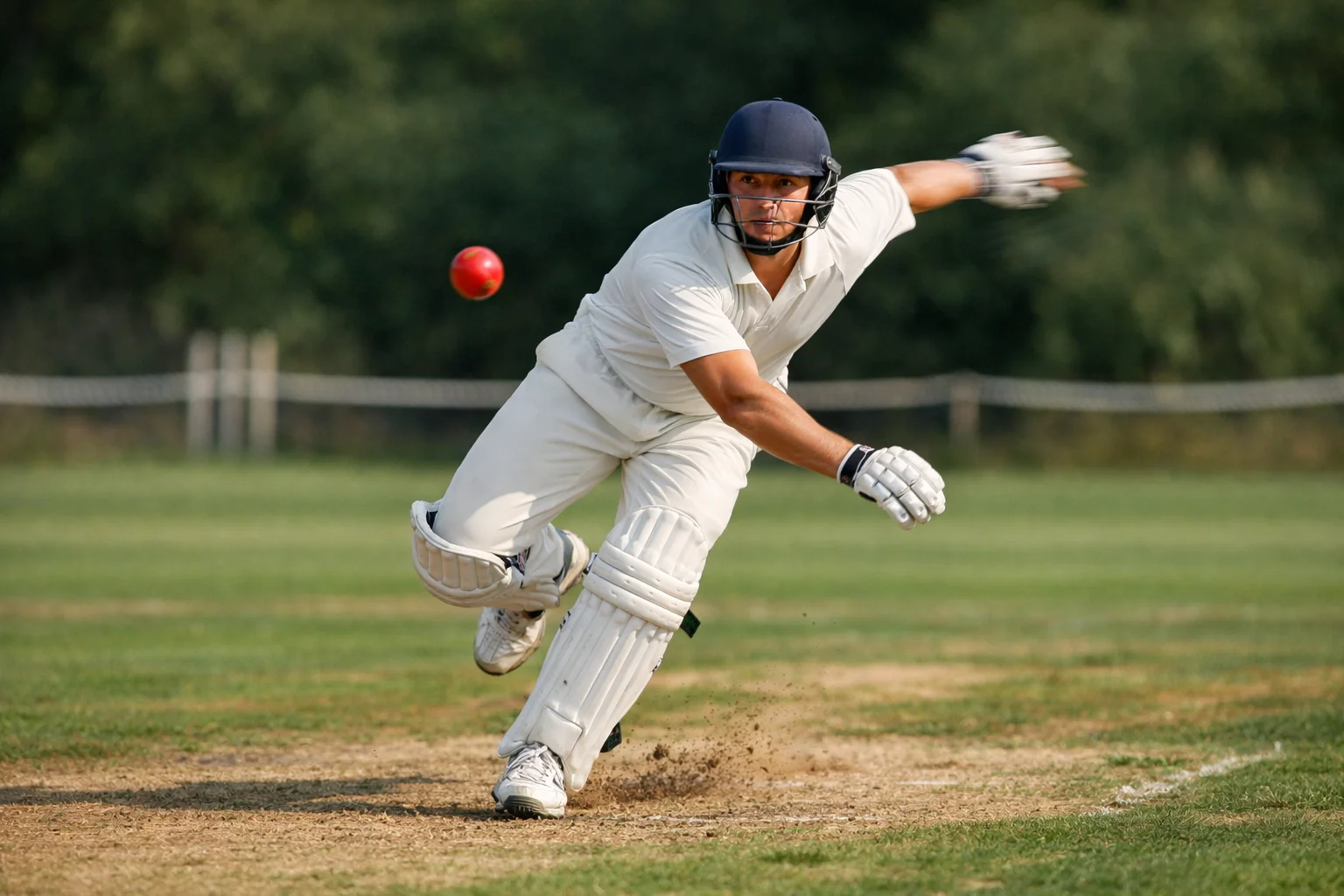 Lanciatore di cricket nel momento del rilascio della palla su pitch erboso durante una partita diurna