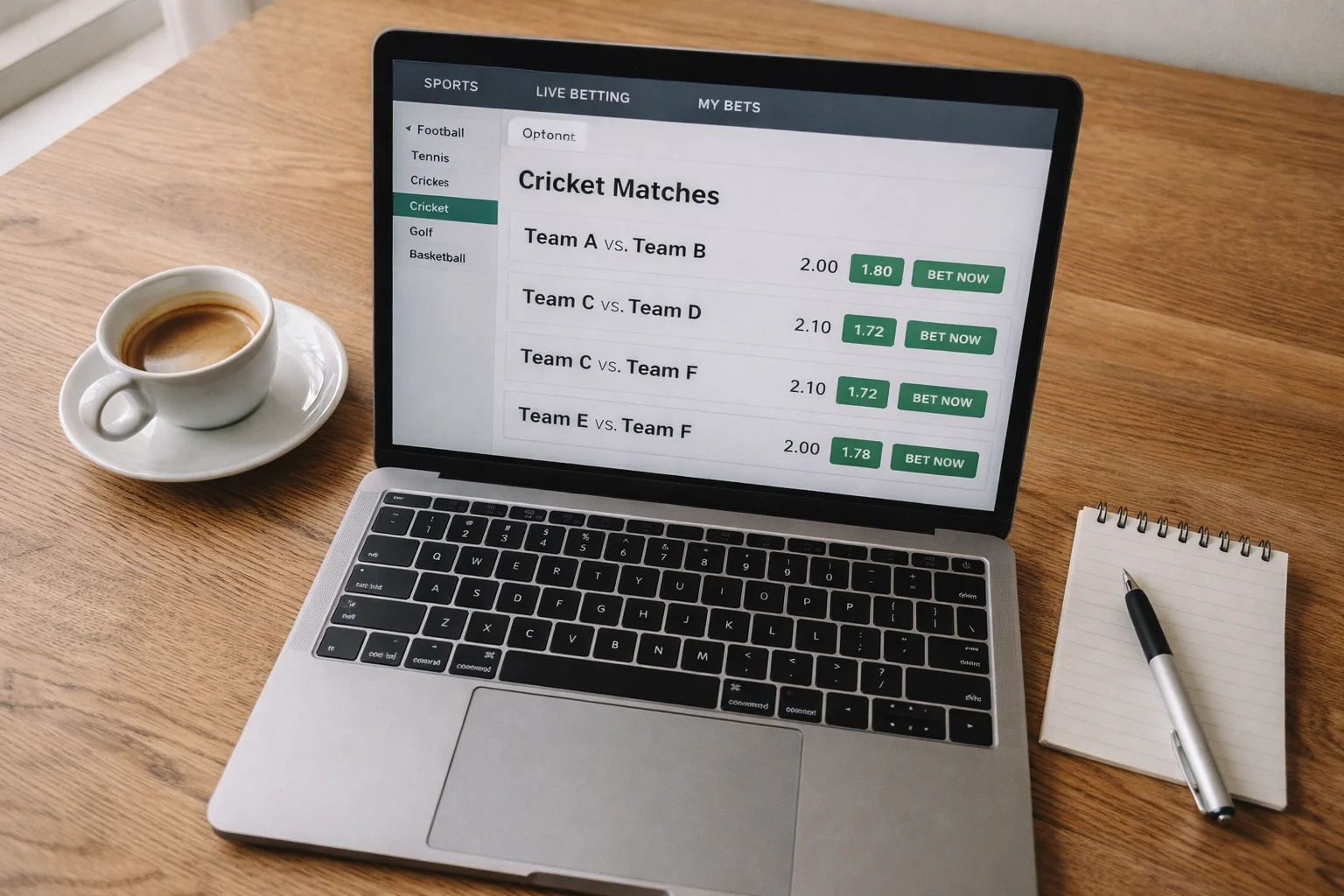 Schermo di un laptop con interfaccia di scommesse sportive sul cricket