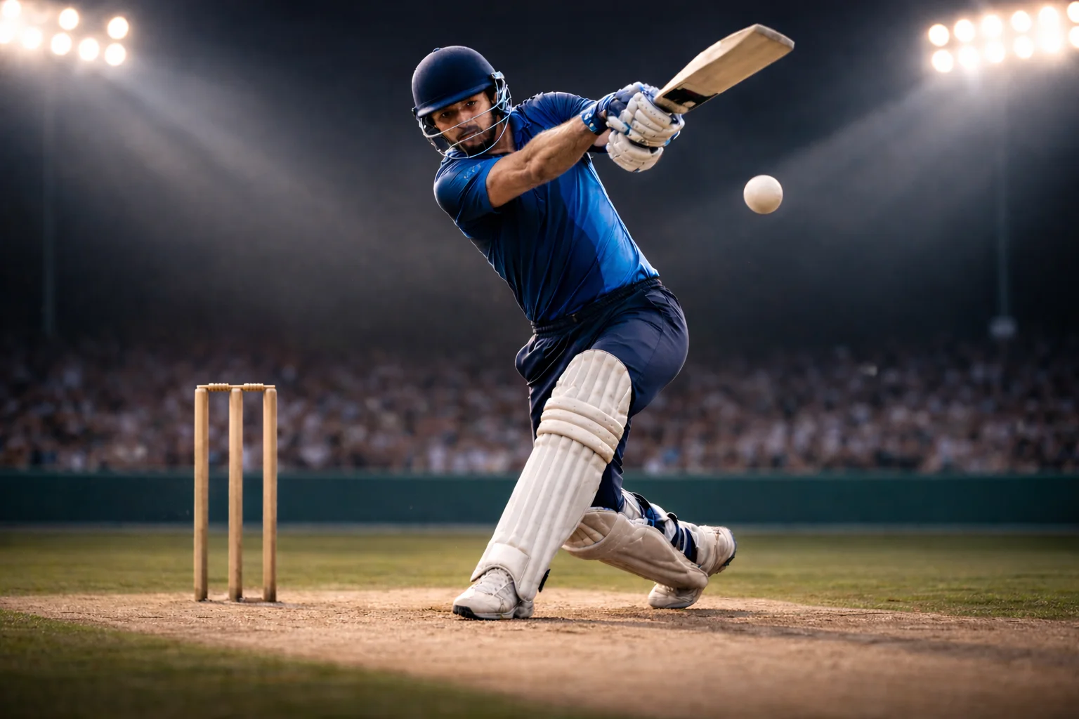 Battitore di cricket che colpisce la palla durante una partita serale sotto i riflettori dello stadio