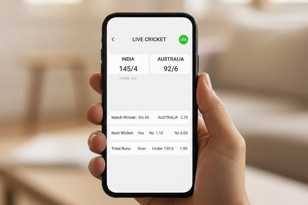 Smartphone con app di scommesse live sul cricket aperta
