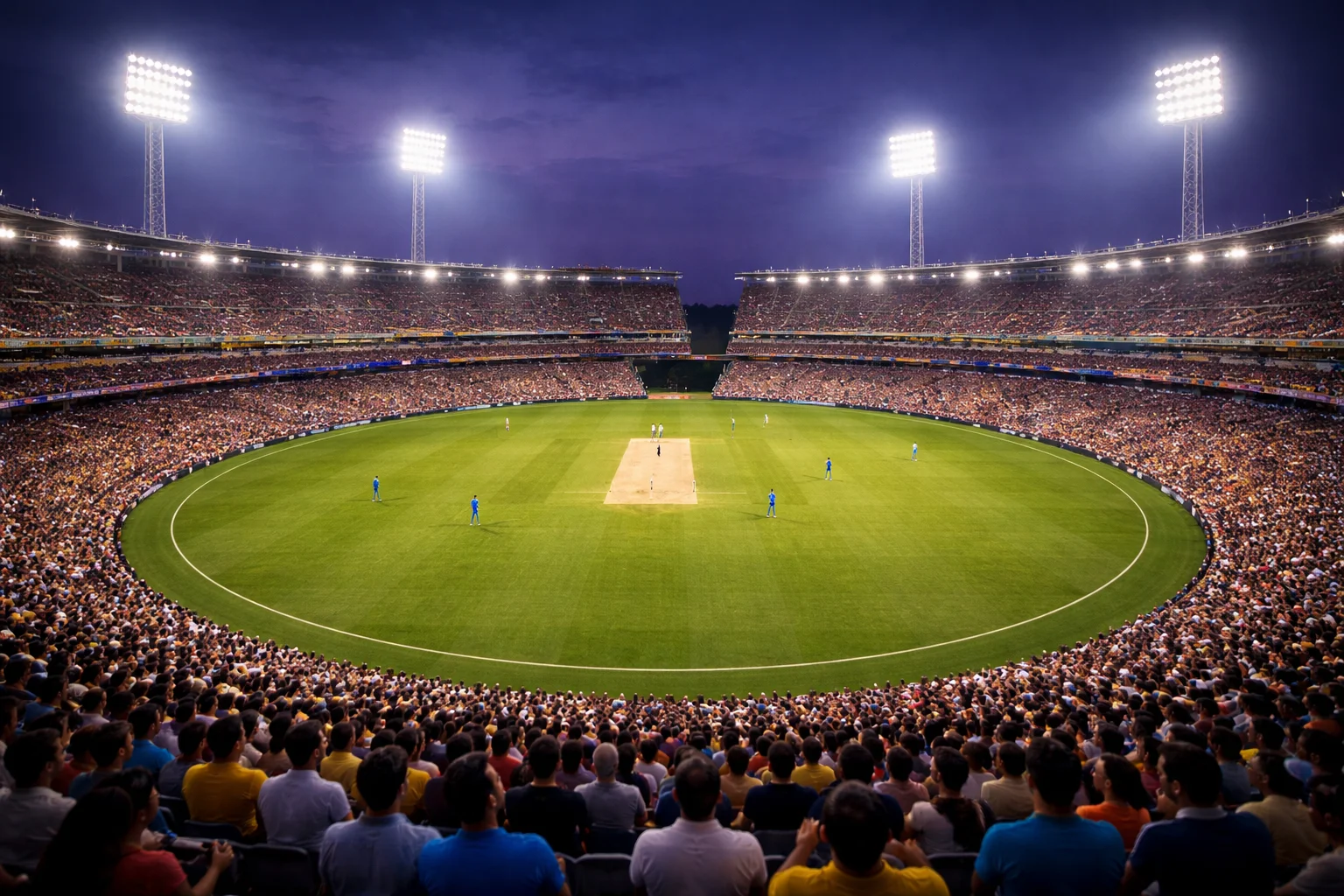 Stadio di cricket gremito di spettatori durante una finale di torneo internazionale con illuminazione serale